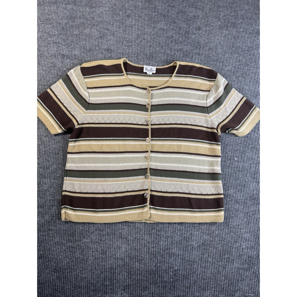 Reba Rose Striped Knit Button Front Short Sleeve Top 26/28 Brown Beige